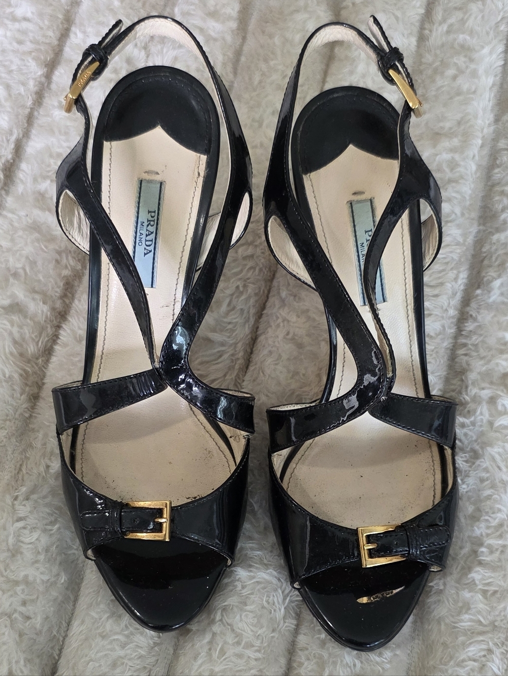 Prada Authentic Black Patent Leather Slingback Sandals